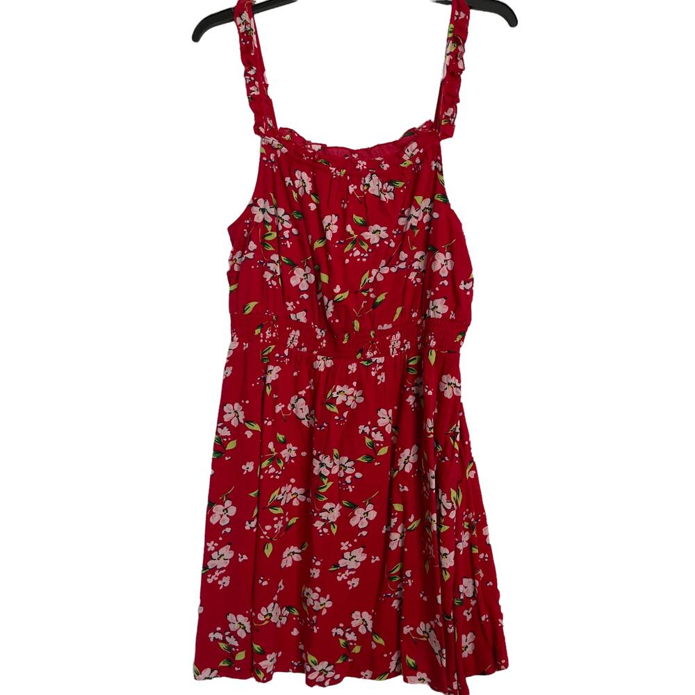 Abound Red Floral Dress Thin Straps Ruffle Edge Elastic Waist Size Medium